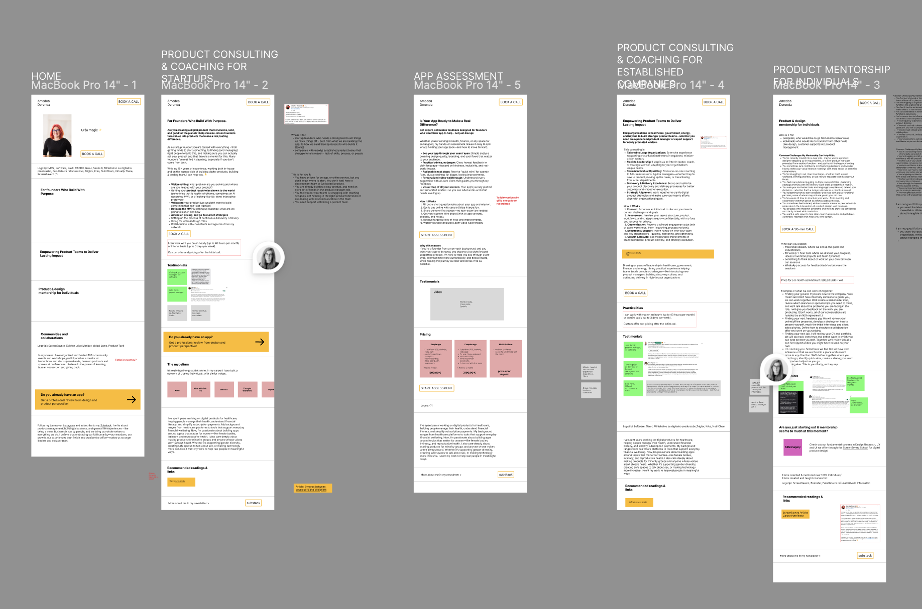 A screenshot from Figma, showing multiple pages in a wireframe form with lots of texts, comments and colourful rectangles showing important content.